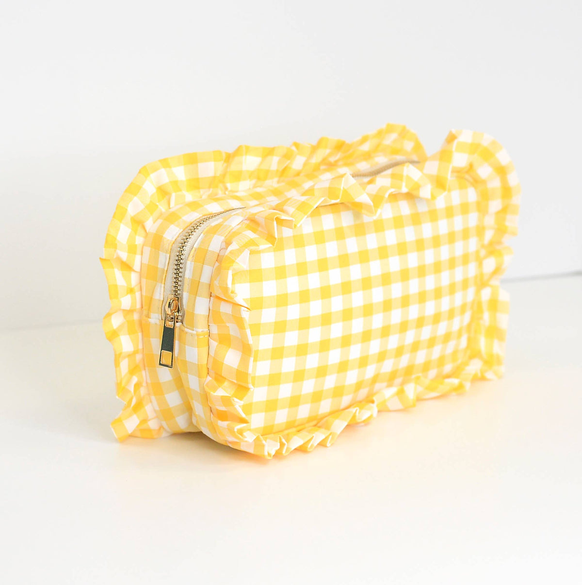 Gingham Ruffle Zipper Pouch Embroidery Friendly Cosmetic Bag: Red
