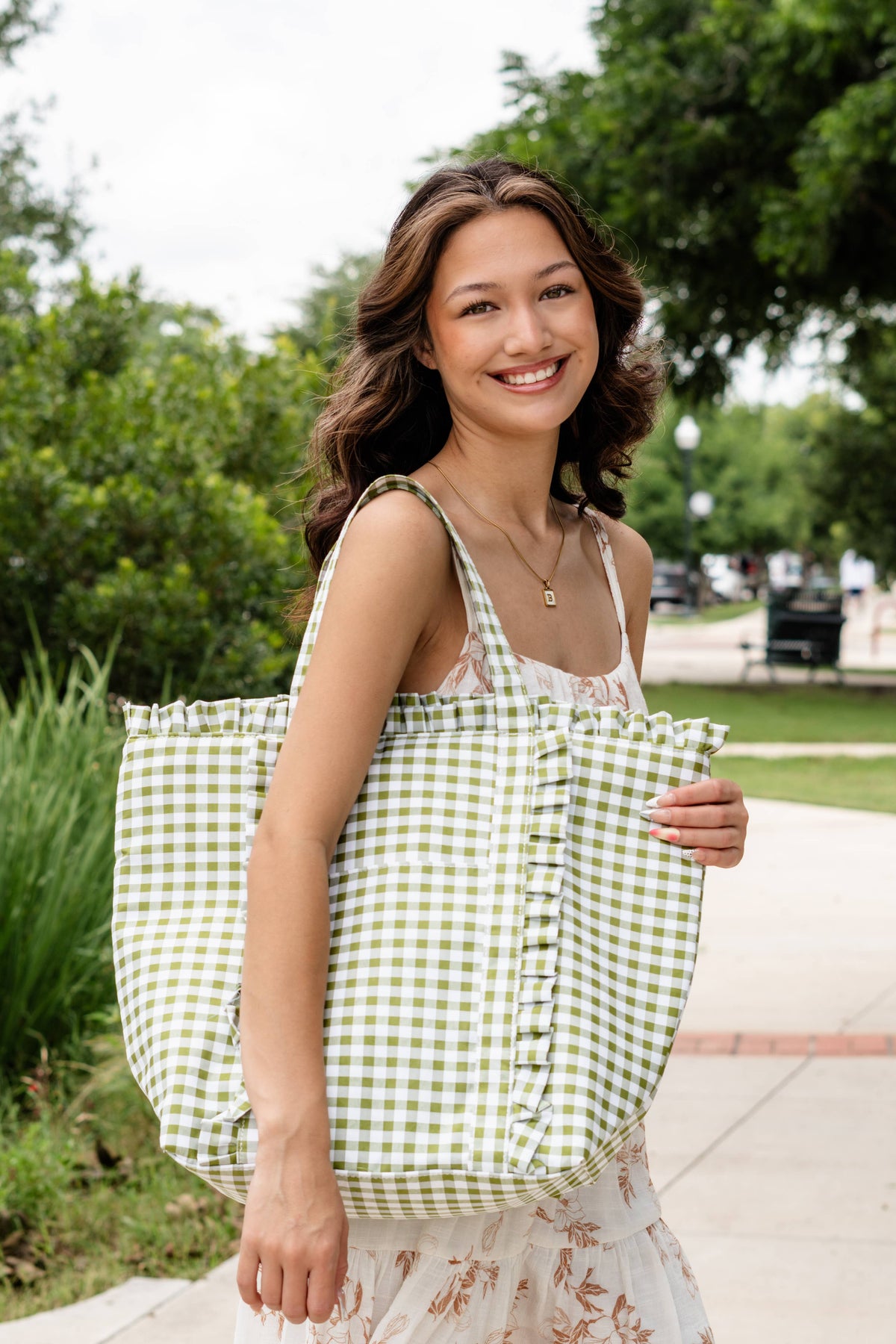 Gingham Ruffle Tote Bag Gingham Tote Embroidery Friendly : Light Blue