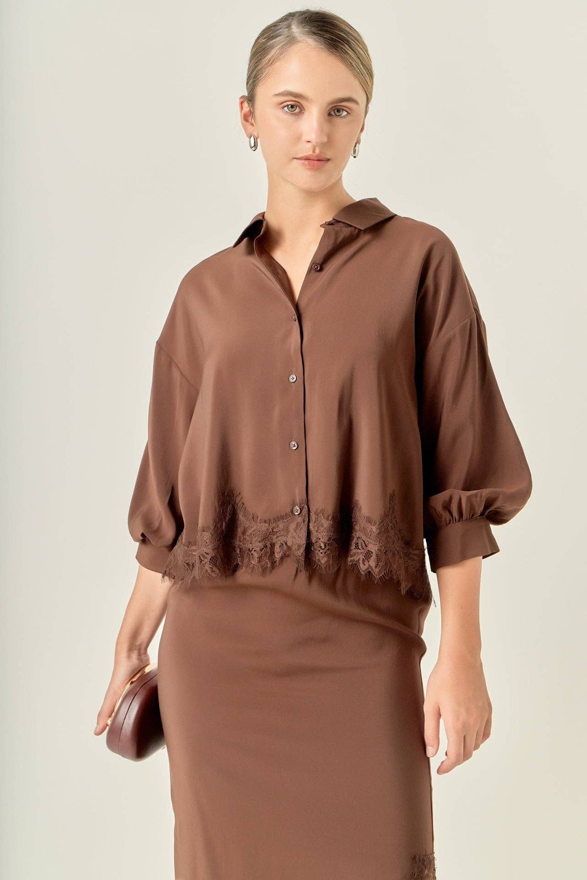 Lace Hem Button-Up Blouse