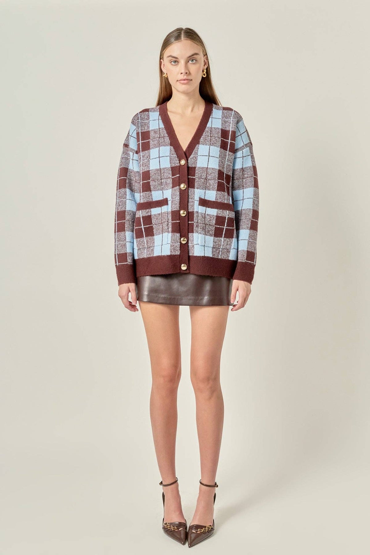 Oversized Plaid Knit Cardigan