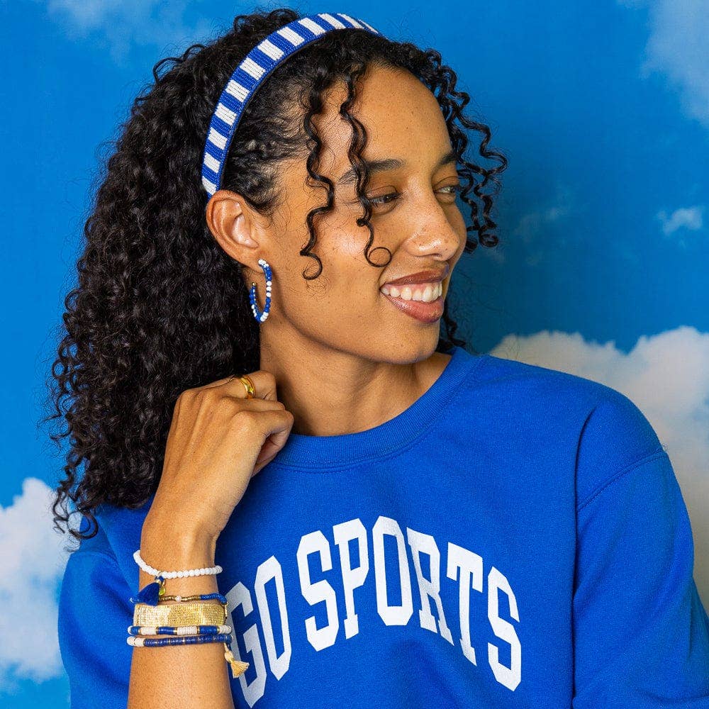 Game Day Crystal Threaded Beads Hoop Earrings Blue + White
