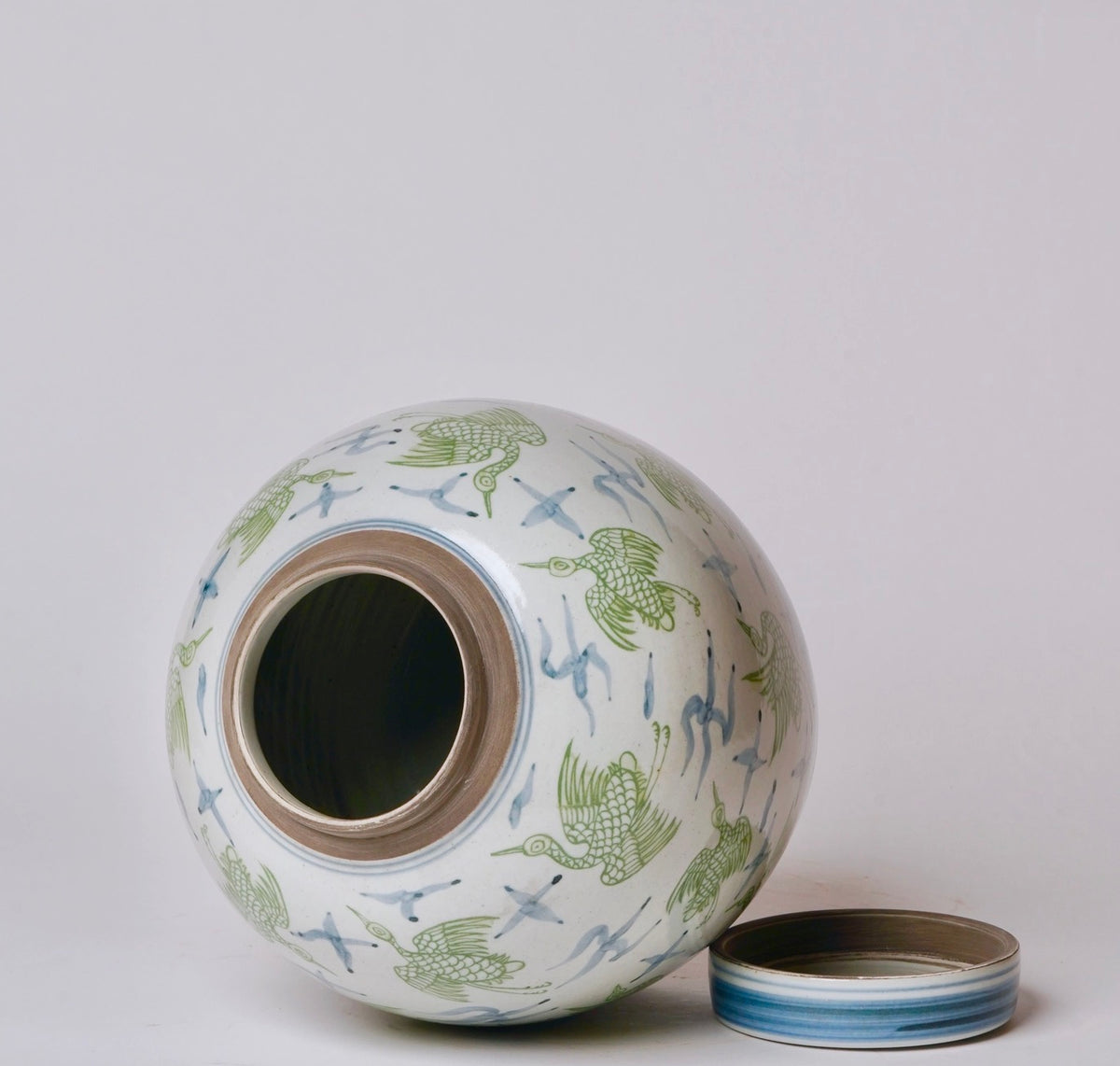 Flying Crane Green and Blue Round Storage Jar