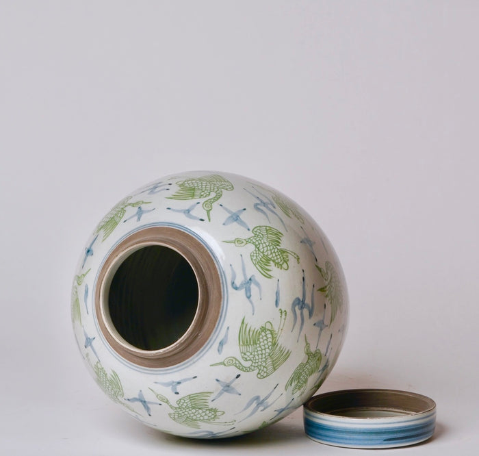 Flying Crane Green and Blue Round Storage Jar