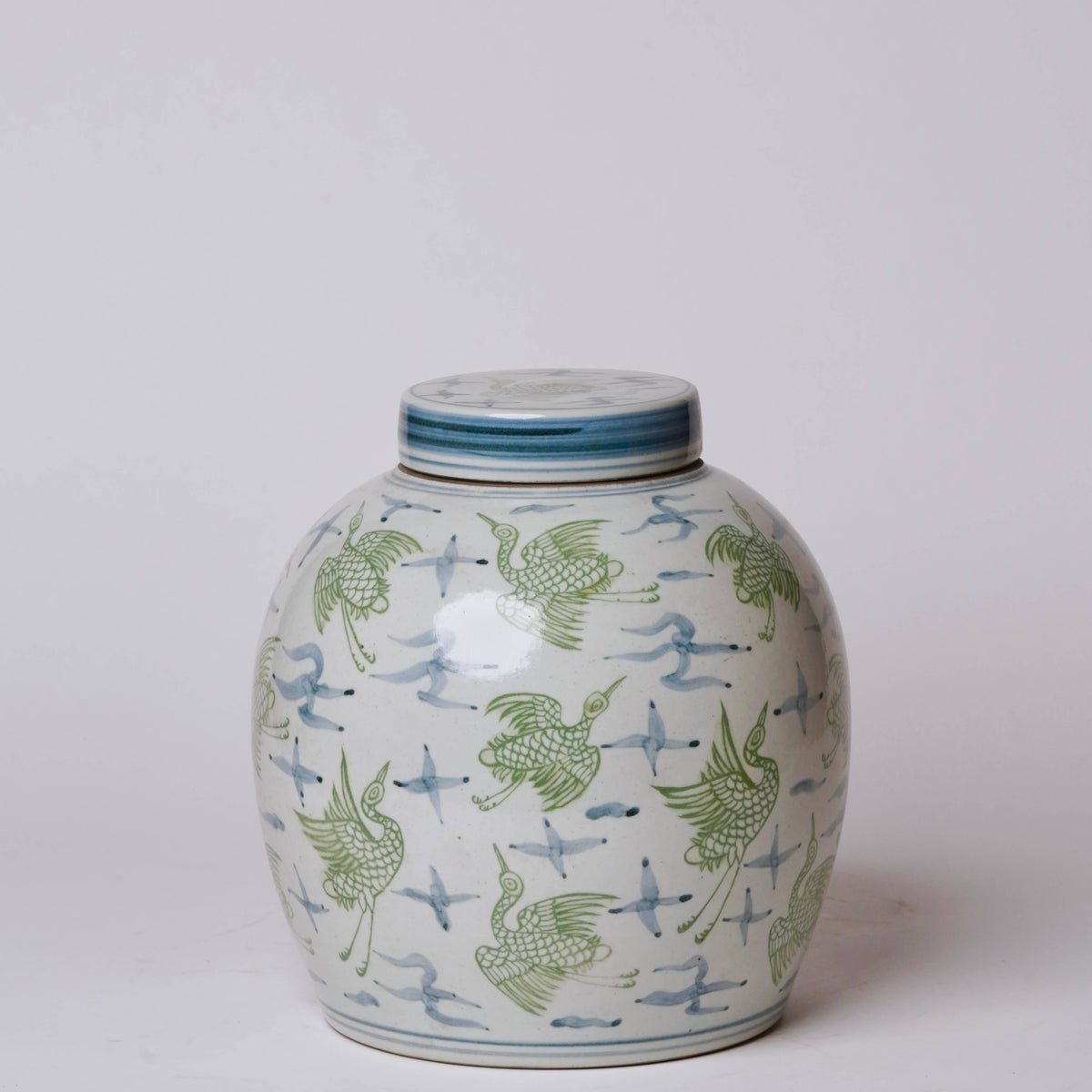 Blue and Green Porcelain Cranes and Clouds Round Storage Jar