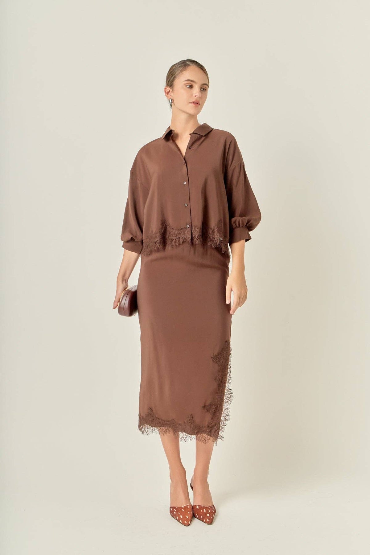 Lace Hem Button-Up Blouse