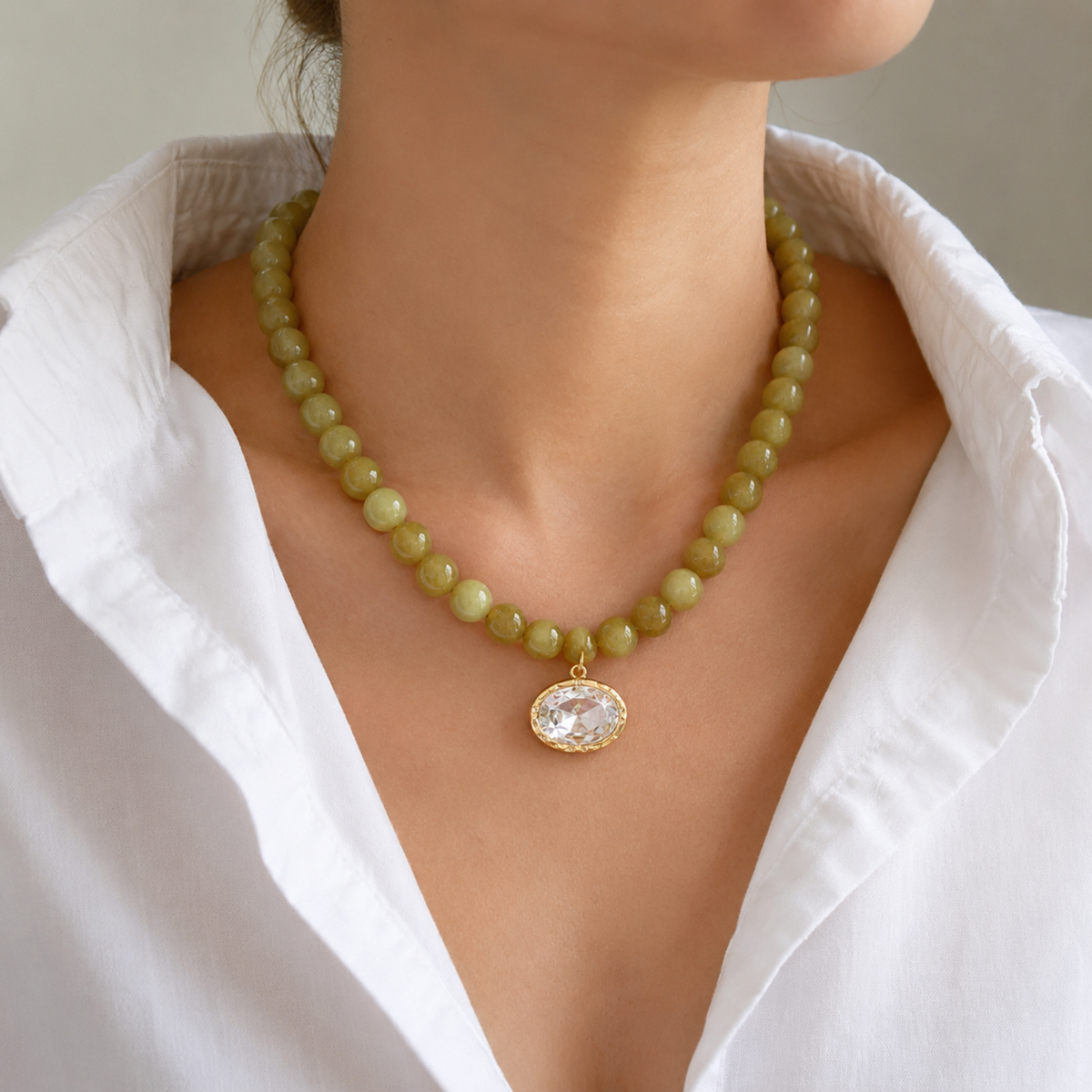 Olive Beaded Pendant Necklace