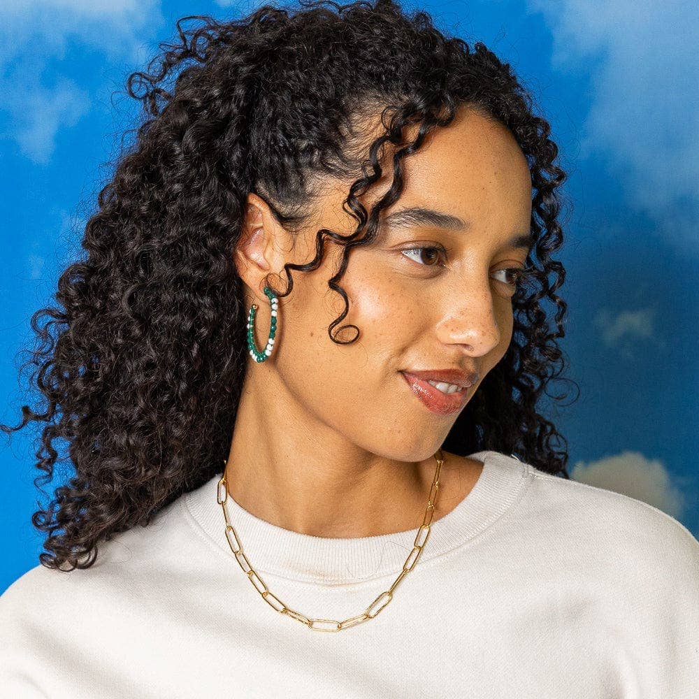 Game Day Crystal Threaded Beads Hoop Earrings Green