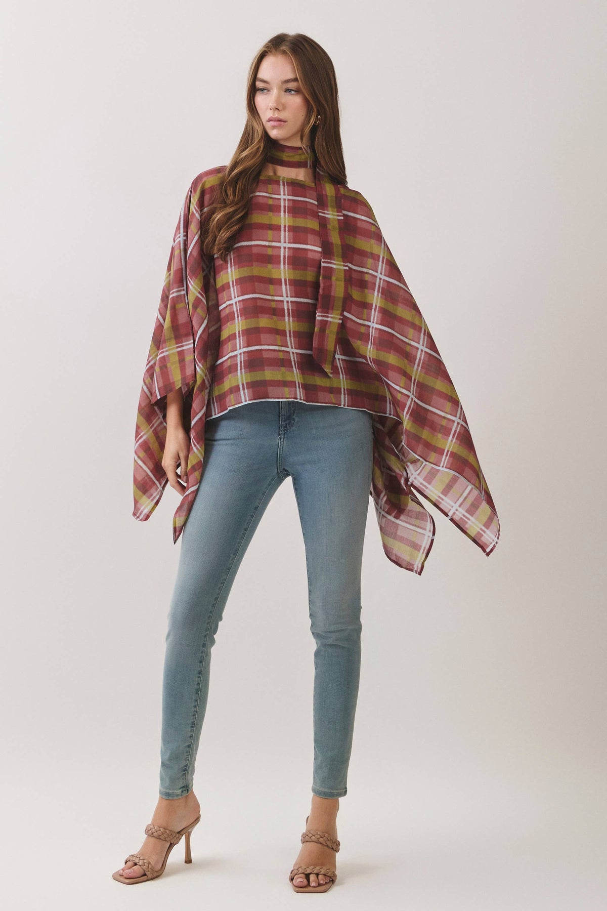Plaid Poncho Top W/ Scarf