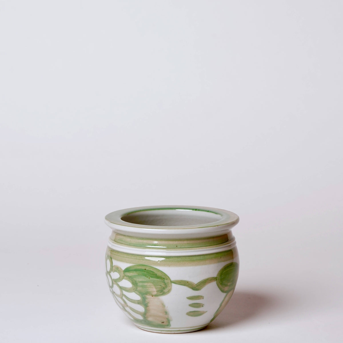 Hand Painted Floral Green and White Porcelain Small Pot