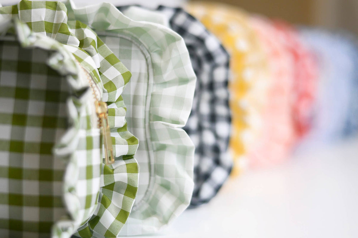 Gingham Ruffle Zipper Pouch Embroidery Friendly Cosmetic Bag: Green