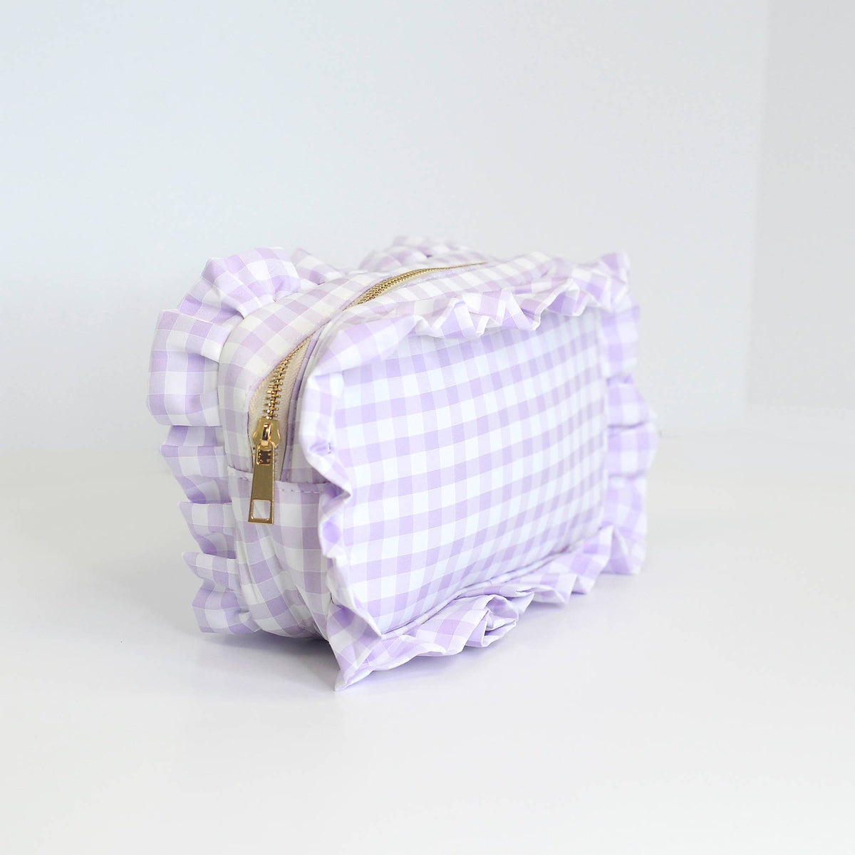 Gingham Ruffle Zipper Pouch Embroidery Friendly Cosmetic Bag: Red