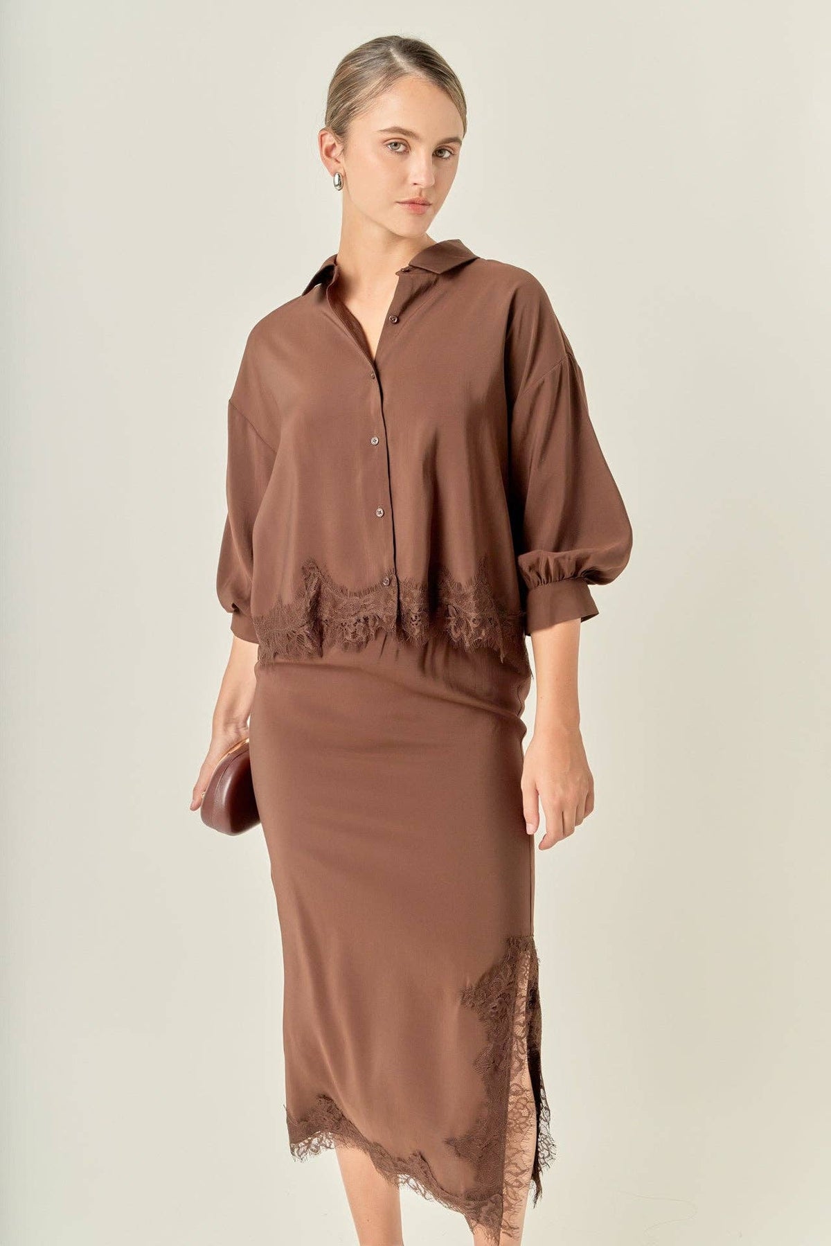 Lace Hem Button-Up Blouse
