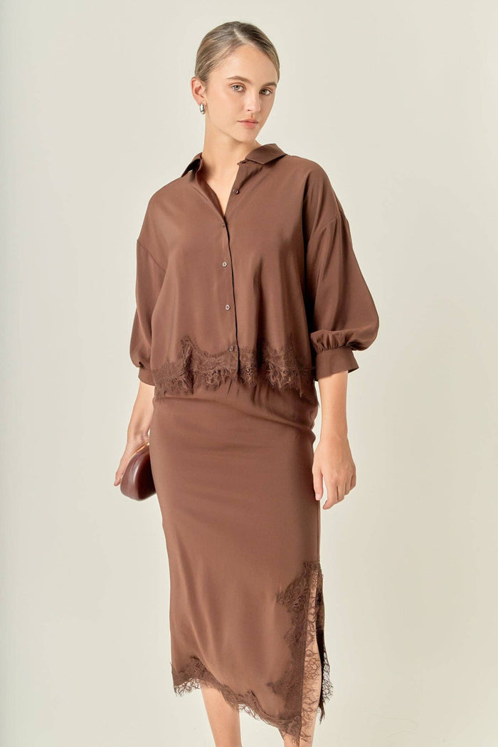 Lace Hem Button-Up Blouse