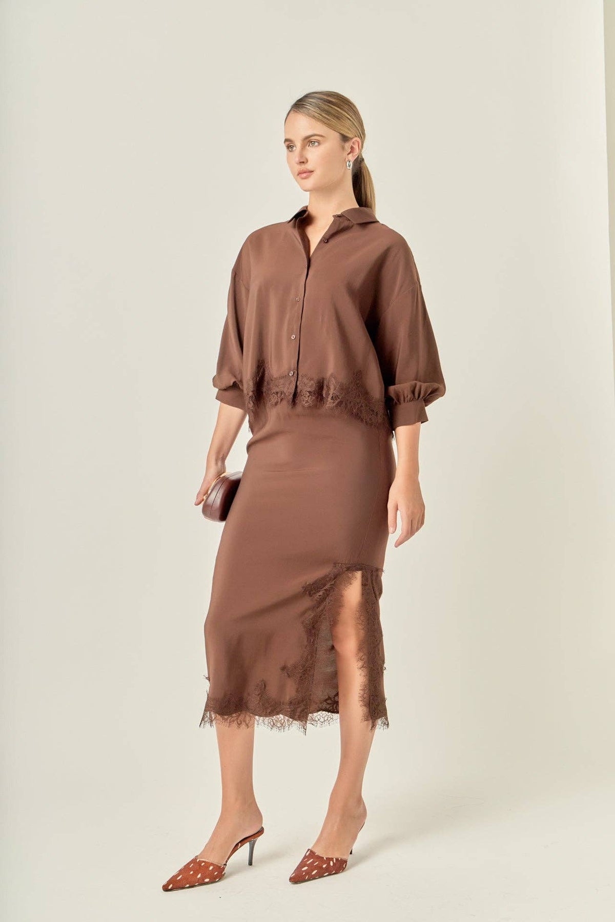 Lace Hem Button-Up Blouse