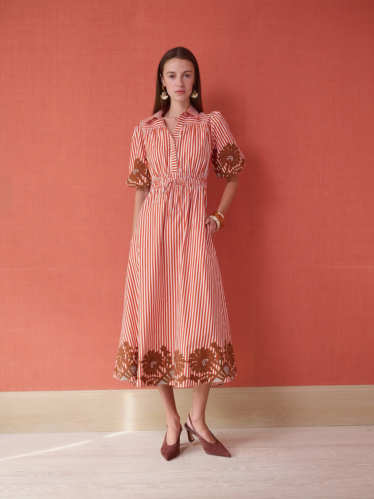 Banyan Puff Sleeve Midi Dress - Terracotta Stripe
