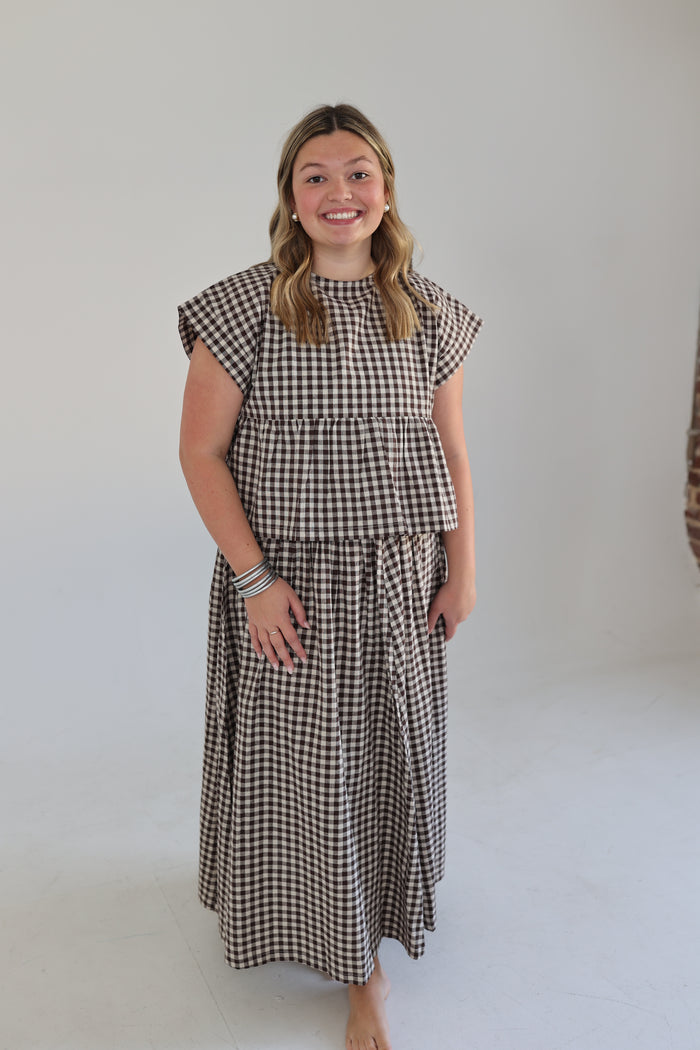 Emerson Fry Smocked Maxi Skirt Cocoa Gingham