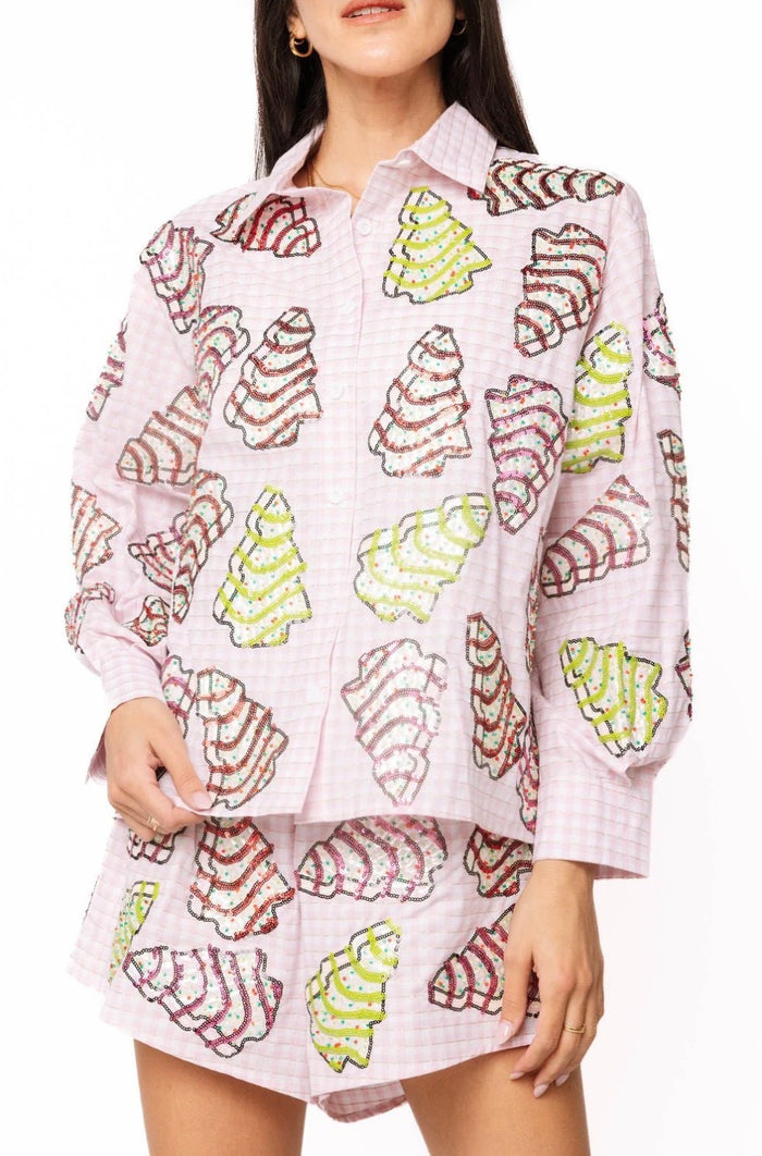 QOS Pink Gingham Christmas Tree Cakes Cotton Top