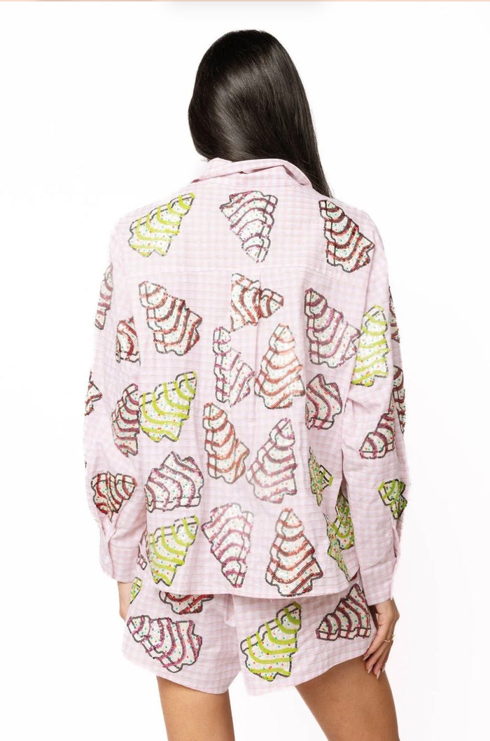 QOS Pink Gingham Christmas Tree Cakes Cotton Top