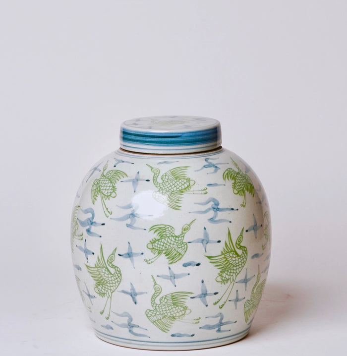 Flying Crane Green and Blue Round Storage Jar
