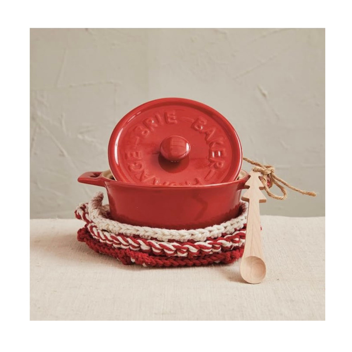 Stoneware Brie Baker with Wood Tree Shaped Spoon