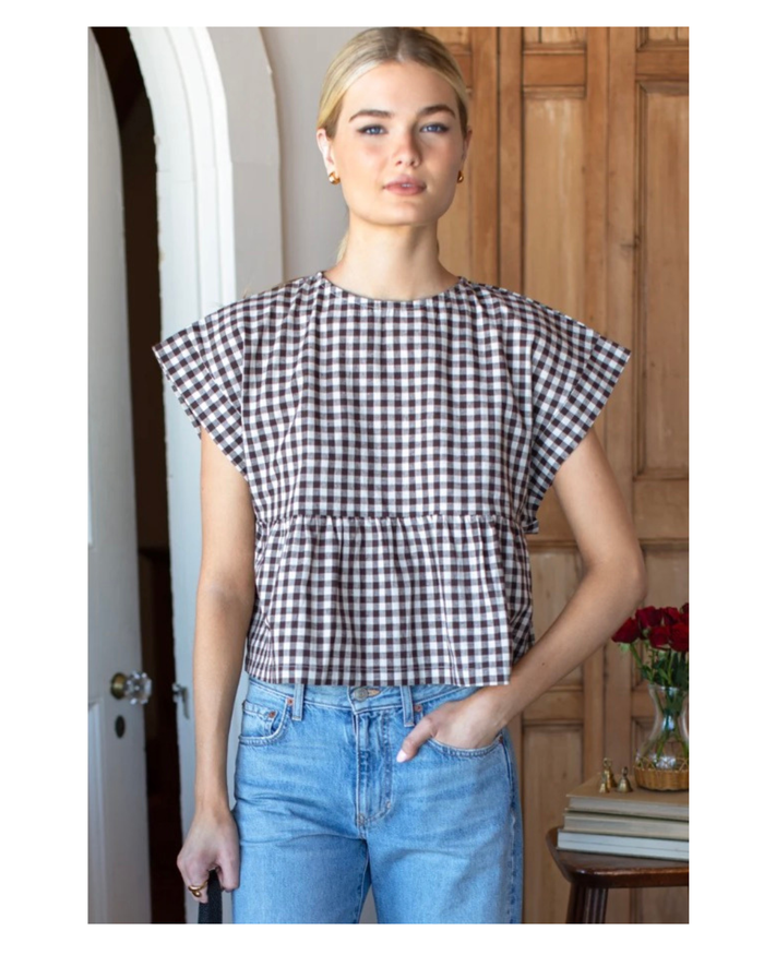 Emerson Fry Dolman Peplum Top- Cocoa Gingham