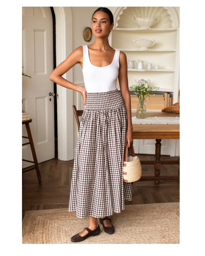 Emerson Fry Smocked Maxi Skirt Cocoa Gingham