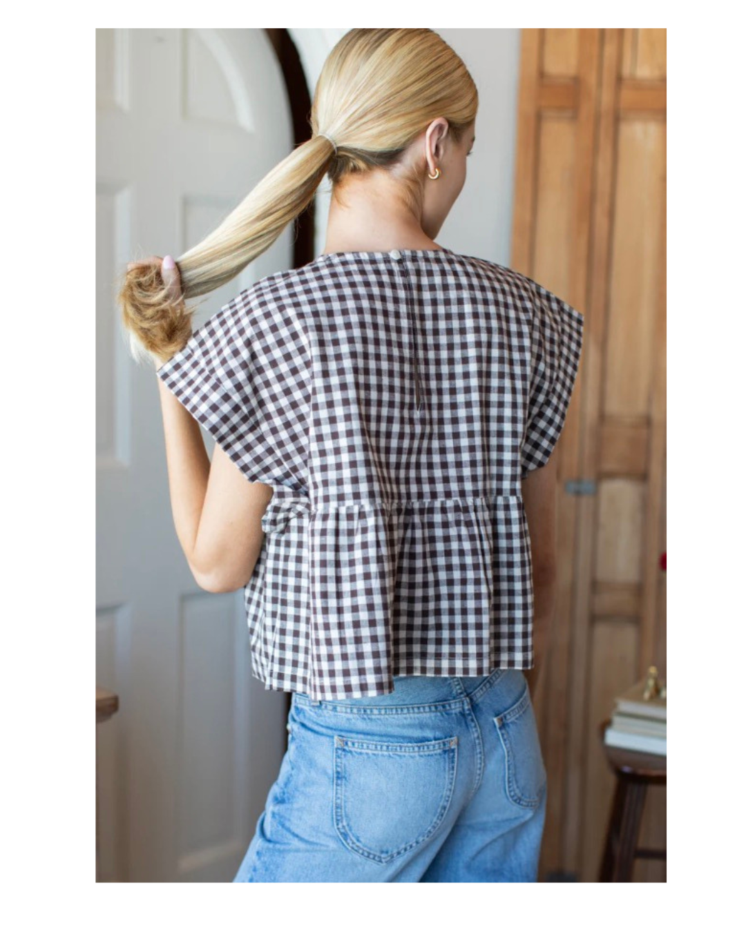 Emerson Fry Dolman Peplum Top- Cocoa Gingham
