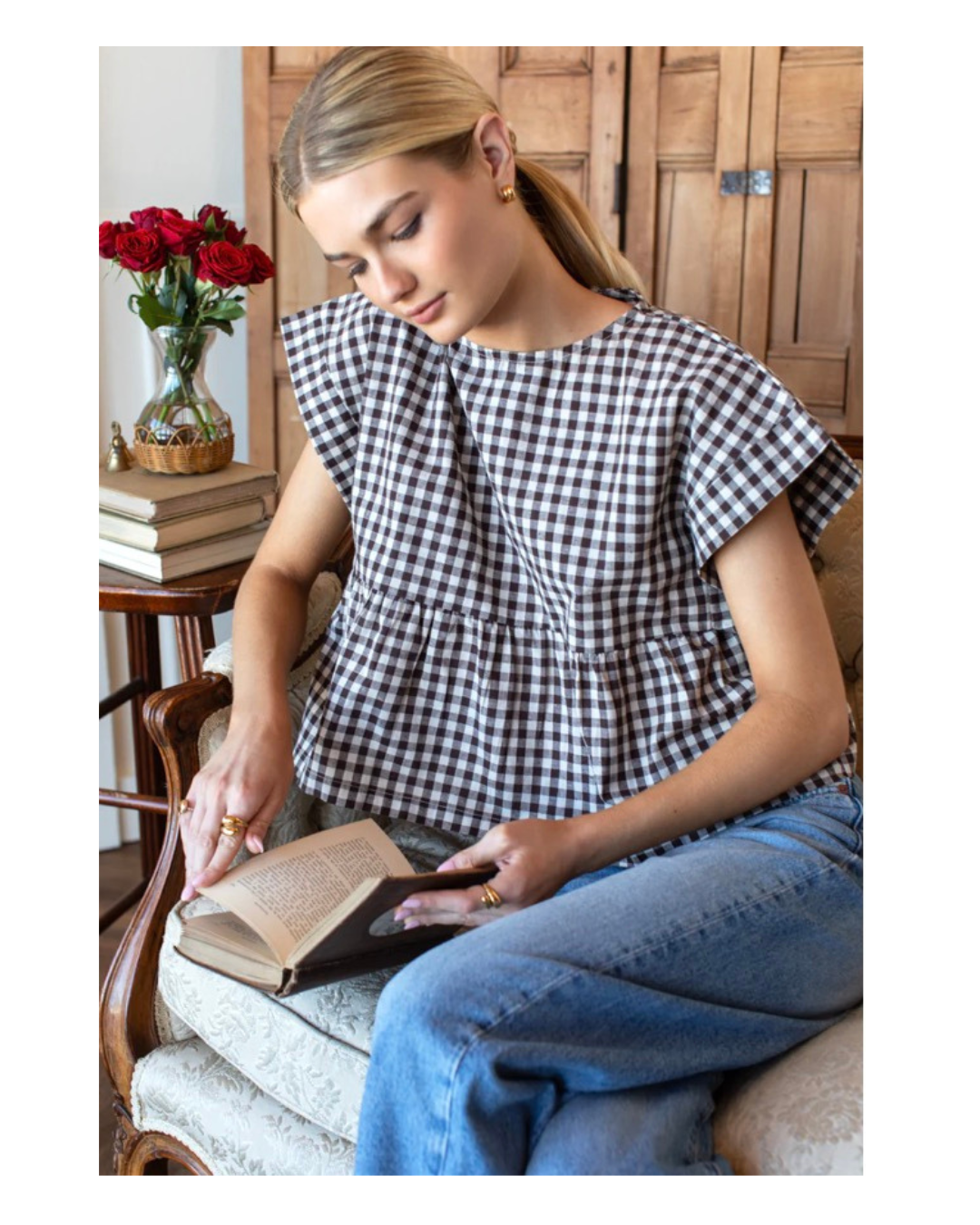 Emerson Fry Dolman Peplum Top- Cocoa Gingham