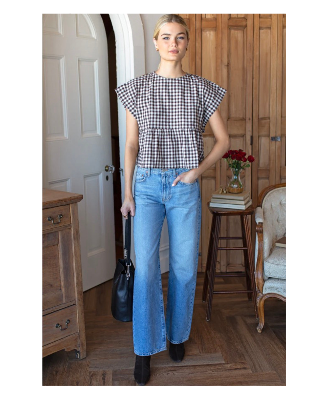 Emerson Fry Dolman Peplum Top- Cocoa Gingham