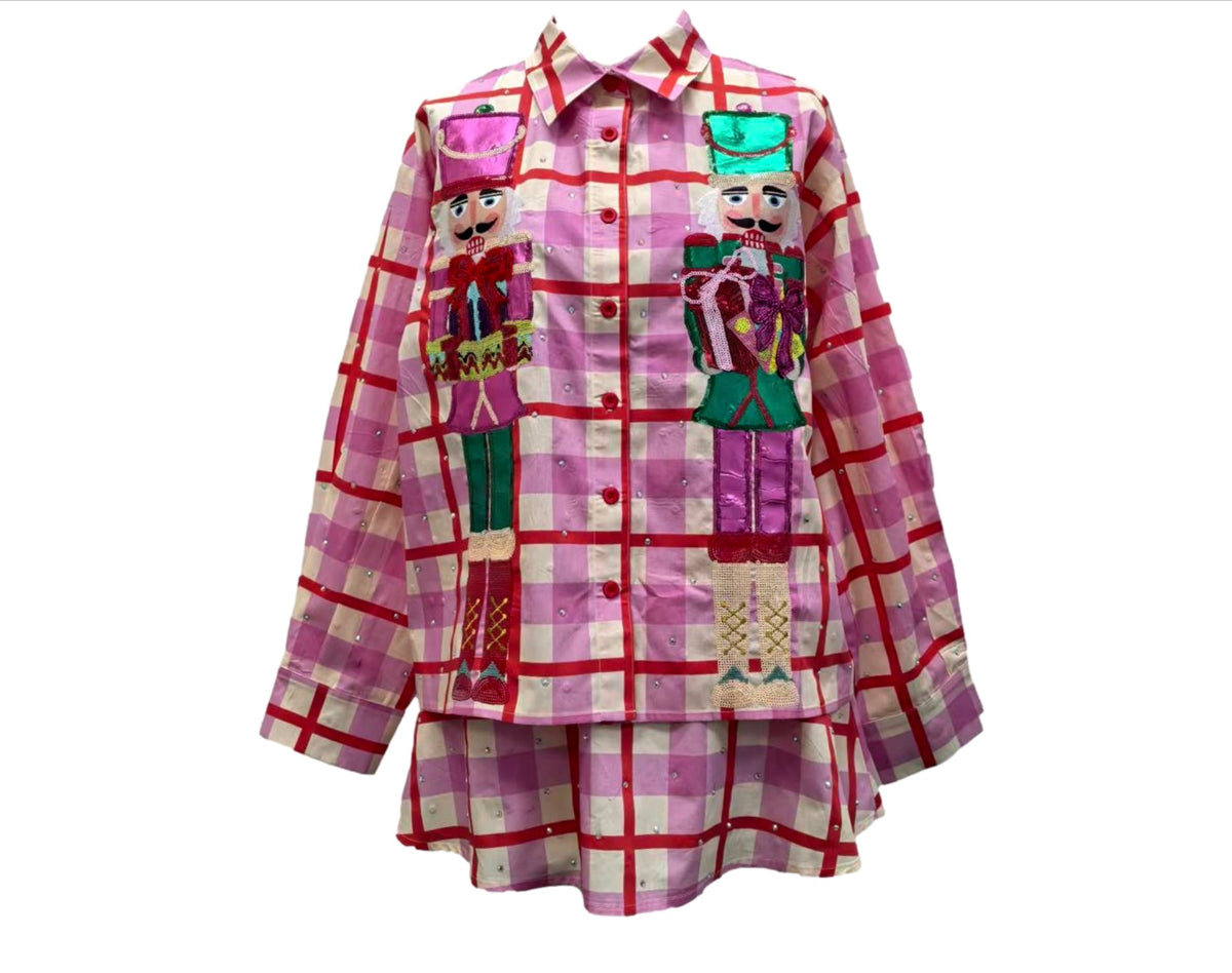QOS Pink & Red Plaid Metallic Nutcracker Cotton Button-Up