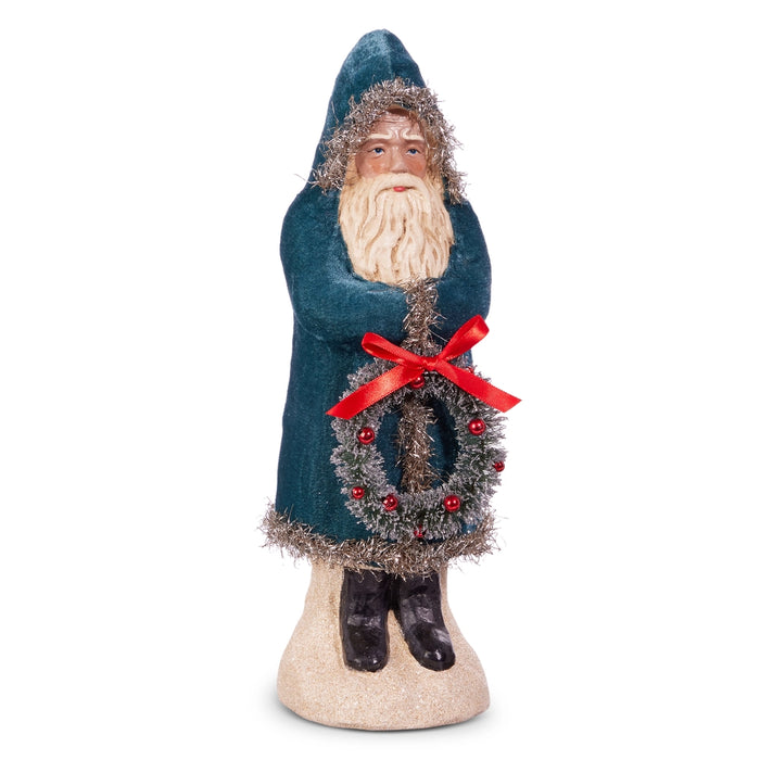 12" Blue Velvet Santa With Wreath
