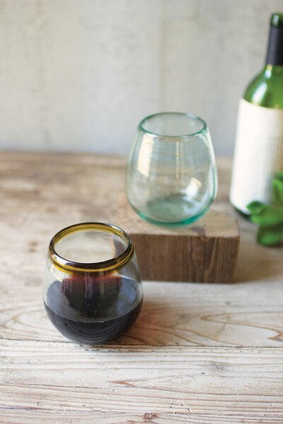 Handblown Stemless Amber Rim Glass