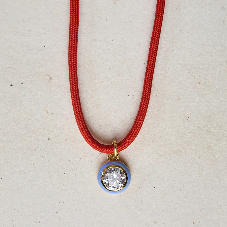 HART Coral Red Cord Necklace with Blue Enamel Bezel Charm