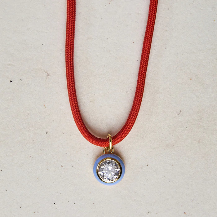 HART Coral Red Cord Necklace with Blue Enamel Bezel Charm