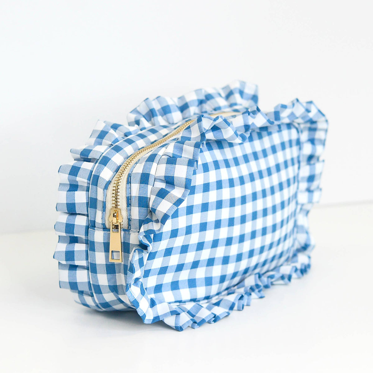 Gingham Ruffle Zipper Pouch Embroidery Friendly Cosmetic Bag: Tan