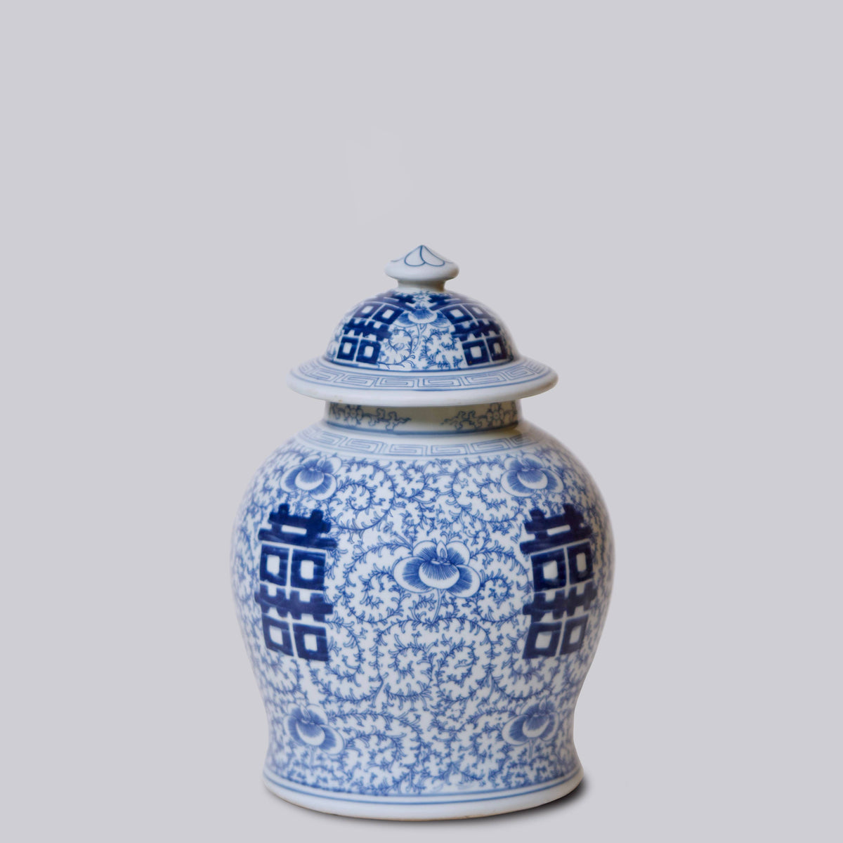 Medium Blue and White Porcelain Double Happiness Temple Jar