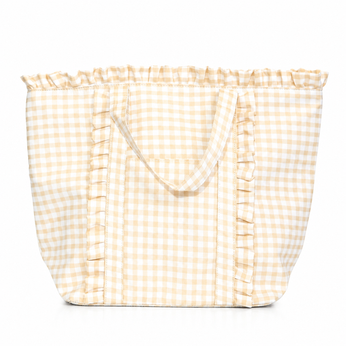 Gingham Ruffle Tote Bag Gingham Tote Embroidery Friendly : Tan