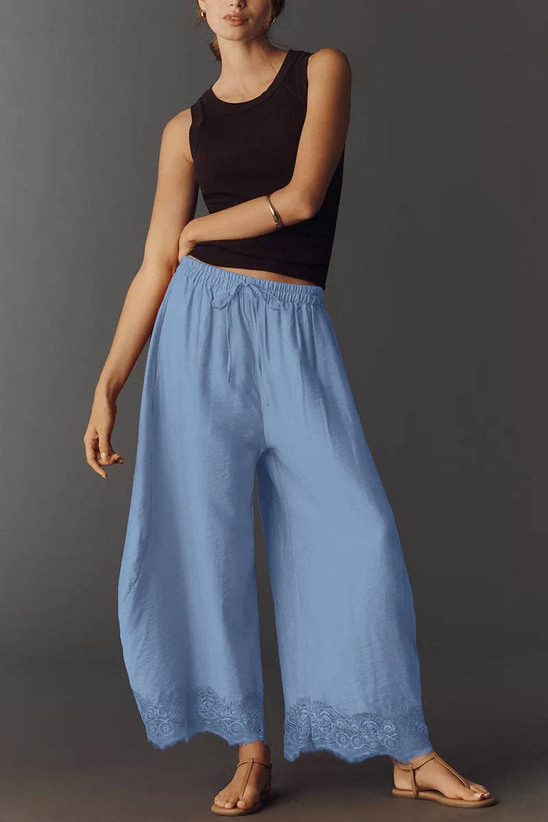 Blue Wide-Leg Lace Trim Casual Pants