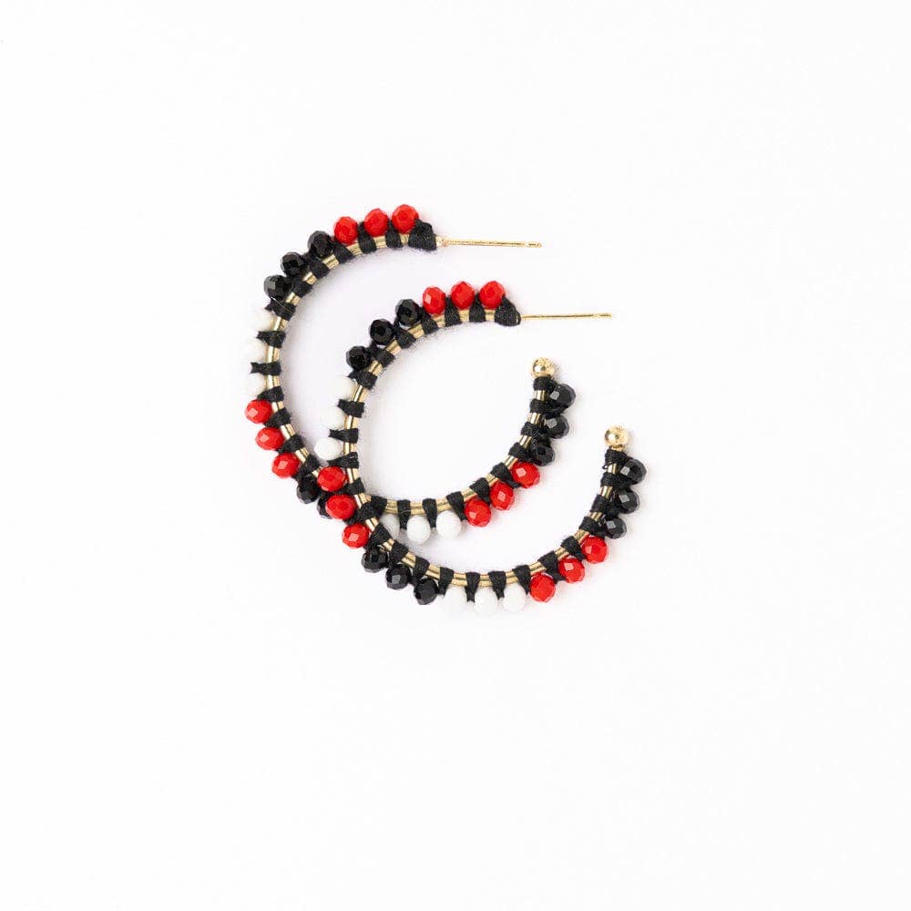 Game Day Crystal Threaded Beads Hoop Earrings Red + Black