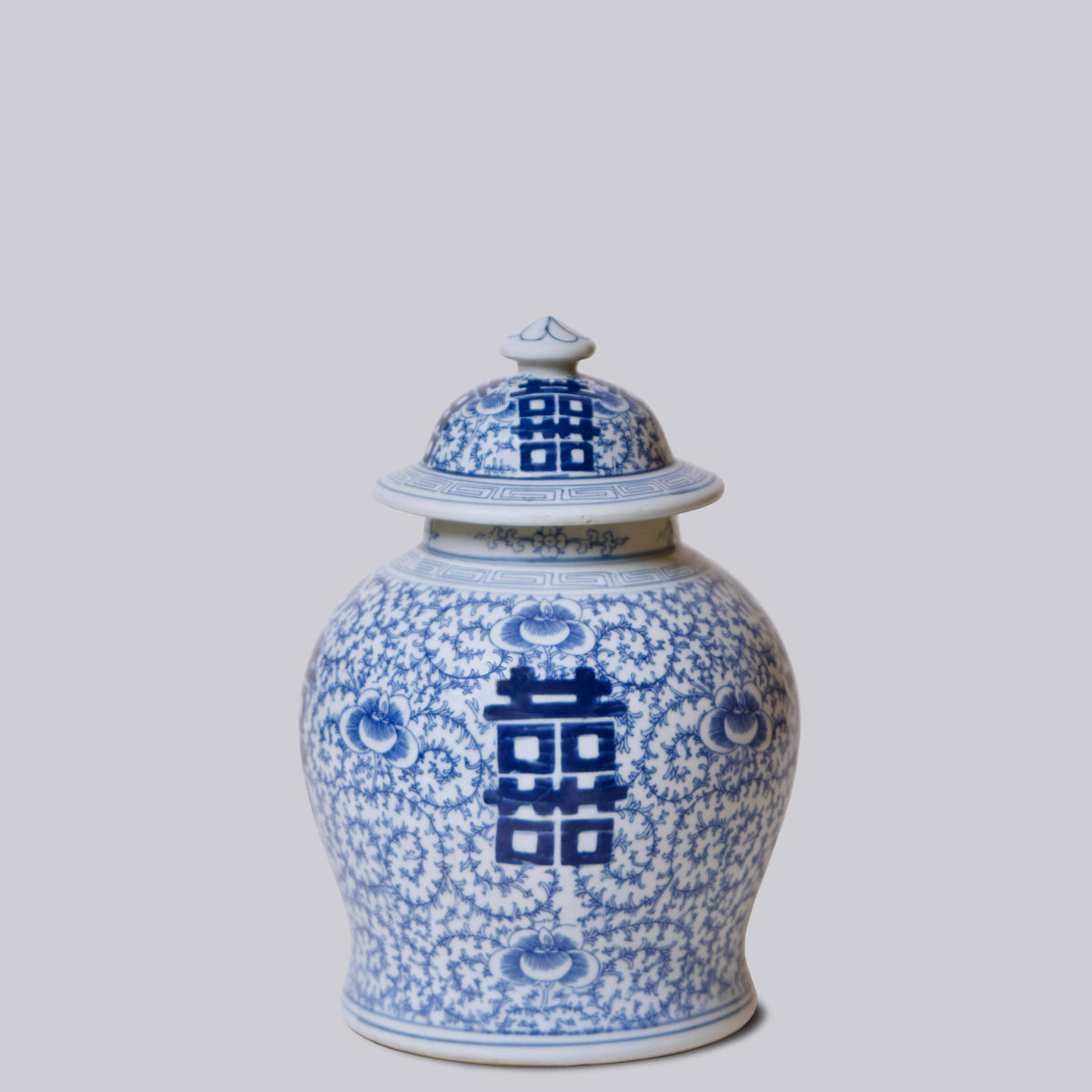 Medium Blue and White Porcelain Double Happiness Temple Jar