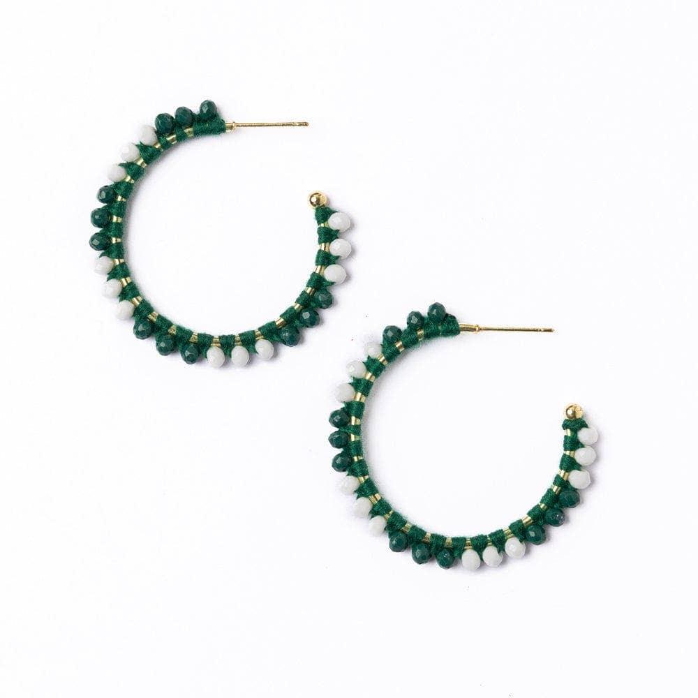 Game Day Crystal Threaded Beads Hoop Earrings Green