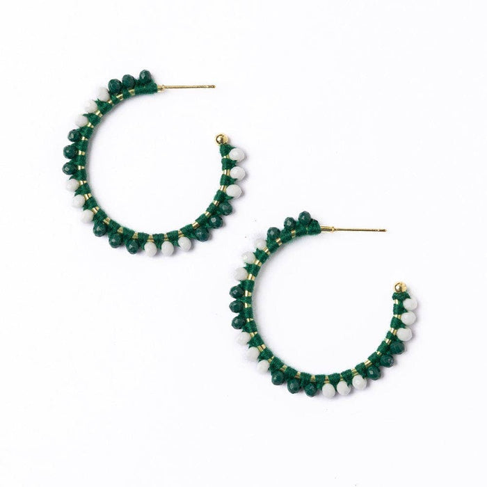 Game Day Crystal Threaded Beads Hoop Earrings Green