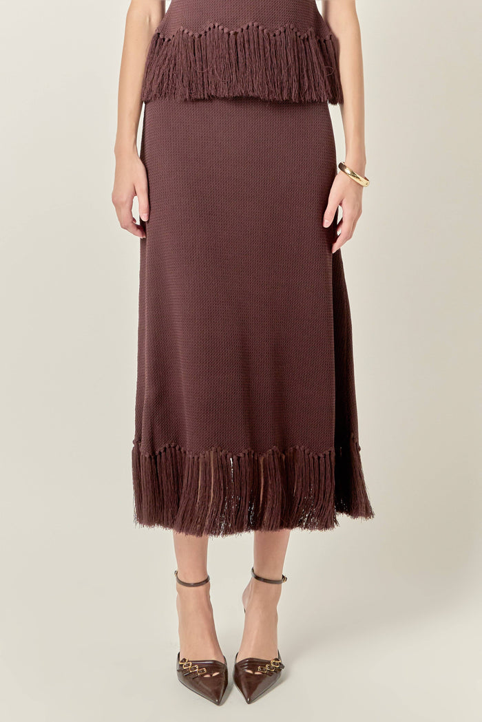 Fringe Hem Knit Midi Skirt: CHOCOLATE BROWN