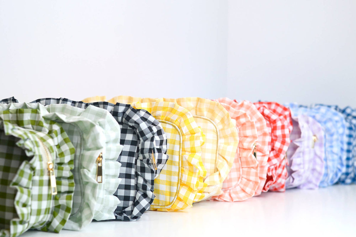 Gingham Ruffle Zipper Pouch Embroidery Friendly Cosmetic Bag: Tan