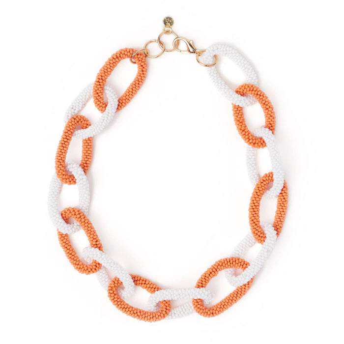 Game Day Chain Link Beaded Necklace Orange + White