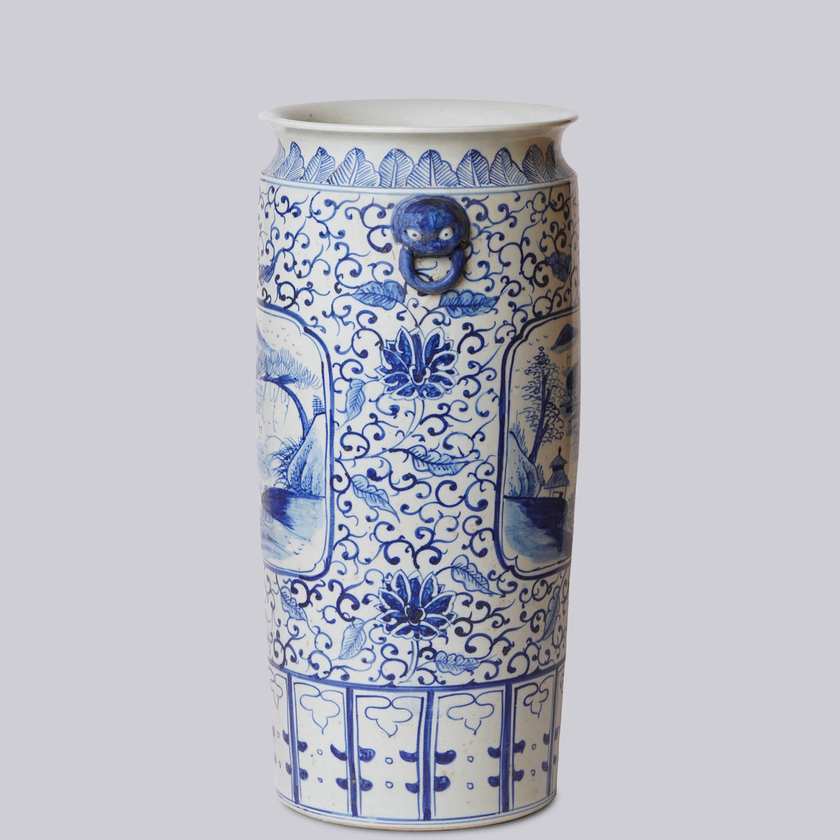 Blue and White Landscape Cartouche Porcelain Umbrella Stand