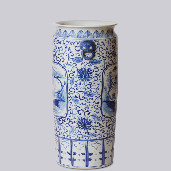 Blue and White Landscape Cartouche Porcelain Umbrella Stand
