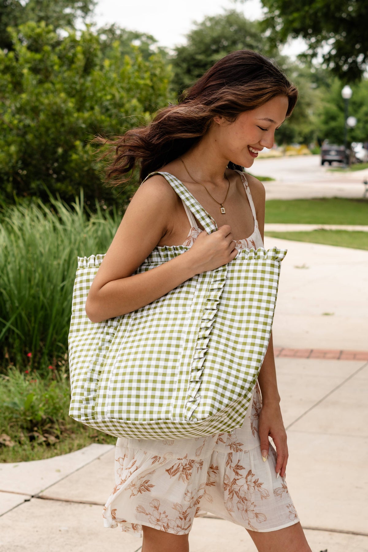 Gingham Ruffle Tote Bag Gingham Tote Embroidery Friendly : Light Blue