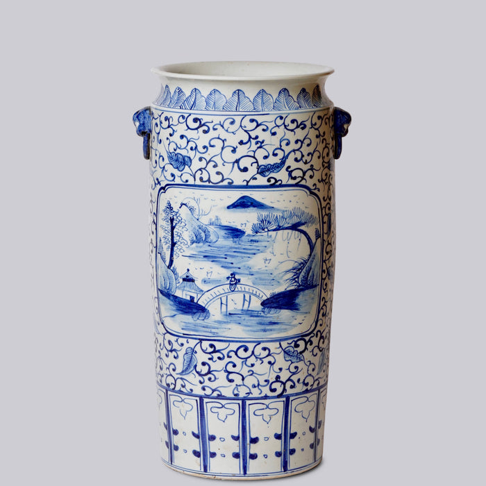 Blue and White Landscape Cartouche Porcelain Umbrella Stand
