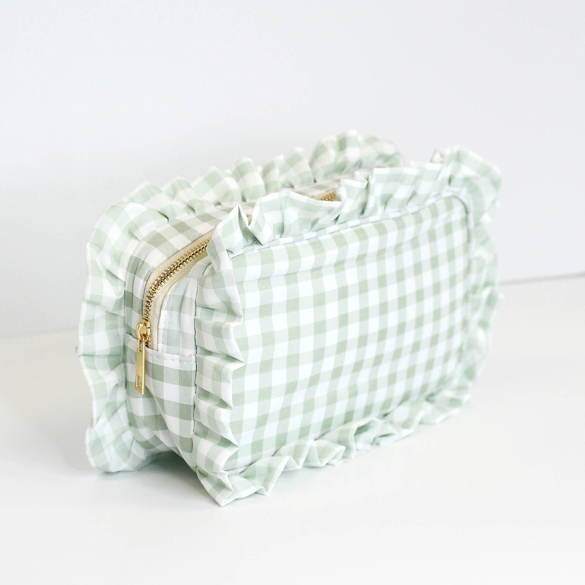 Gingham Ruffle Zipper Pouch Embroidery Friendly Cosmetic Bag: Tan